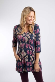 Arielle Printed Jersey 3/4 Sleeve Tunic Petrol Blue