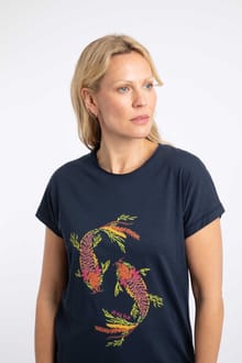 Fern Koi Carp Front Print Cotton Graphic T-Shirt Navy