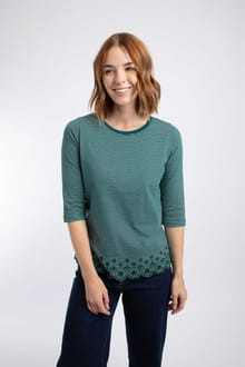 Raven Striped Emdroidered Hem Top Deep Teal