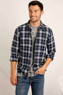 Broxton Organic Long Sleeve Herringbone Check Shirt  Federal Blue