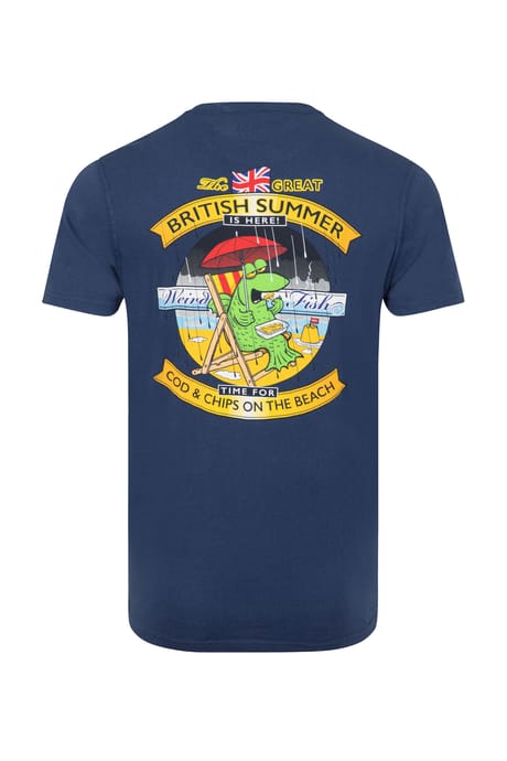 Cod and Chips Back Print Artist T-Shirt Dark Blue | Weird Fish