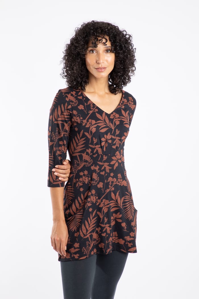 Arielle Printed Jersey 3/4 Sleeve Tunic Bitter Chocolate | Weird Fish