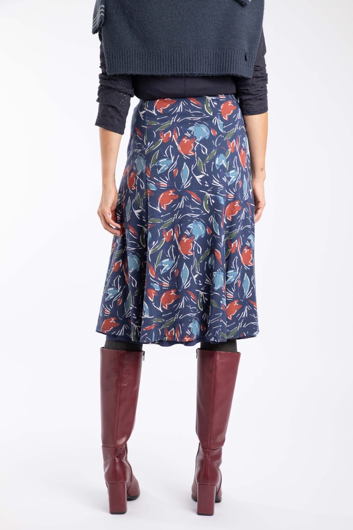 Lorient Organic Cotton Printed Jersey Godet Midi Skirt Navy Blue