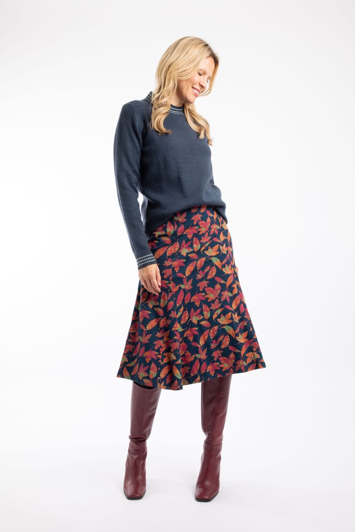 Lorient Organic Cotton Printed Jersey Godet Midi Skirt Night Blue