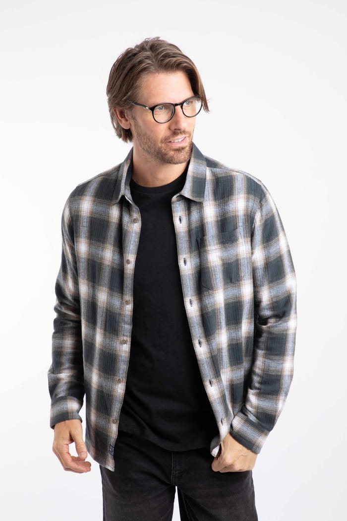Broxton Organic Cotton Long Sleeve Herringbone Check Shirt Grey