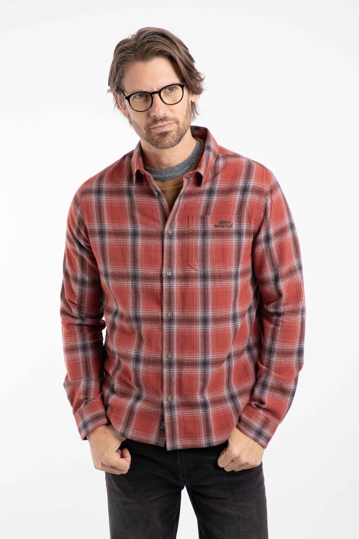 Broxton Organic Cotton Long Sleeve Herringbone Check Shirt Rust