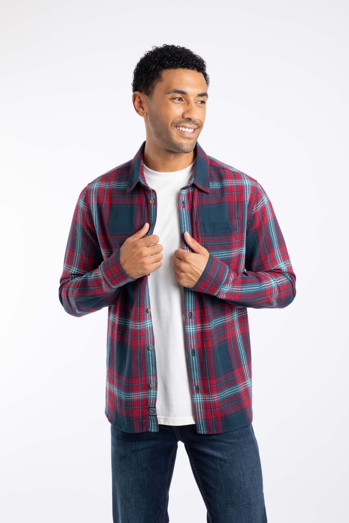 Broxton Organic Cotton Long Sleeve Herringbone Check Shirt Burgundy
