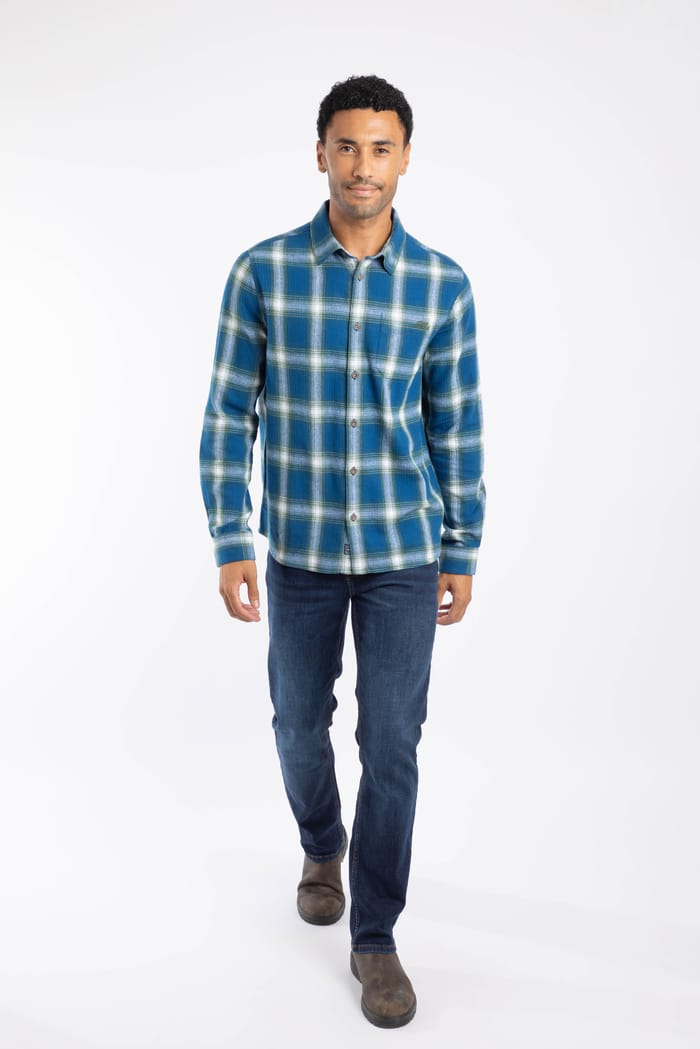 Broxton Organic Cotton Long Sleeve Herringbone Check Shirt Blue
