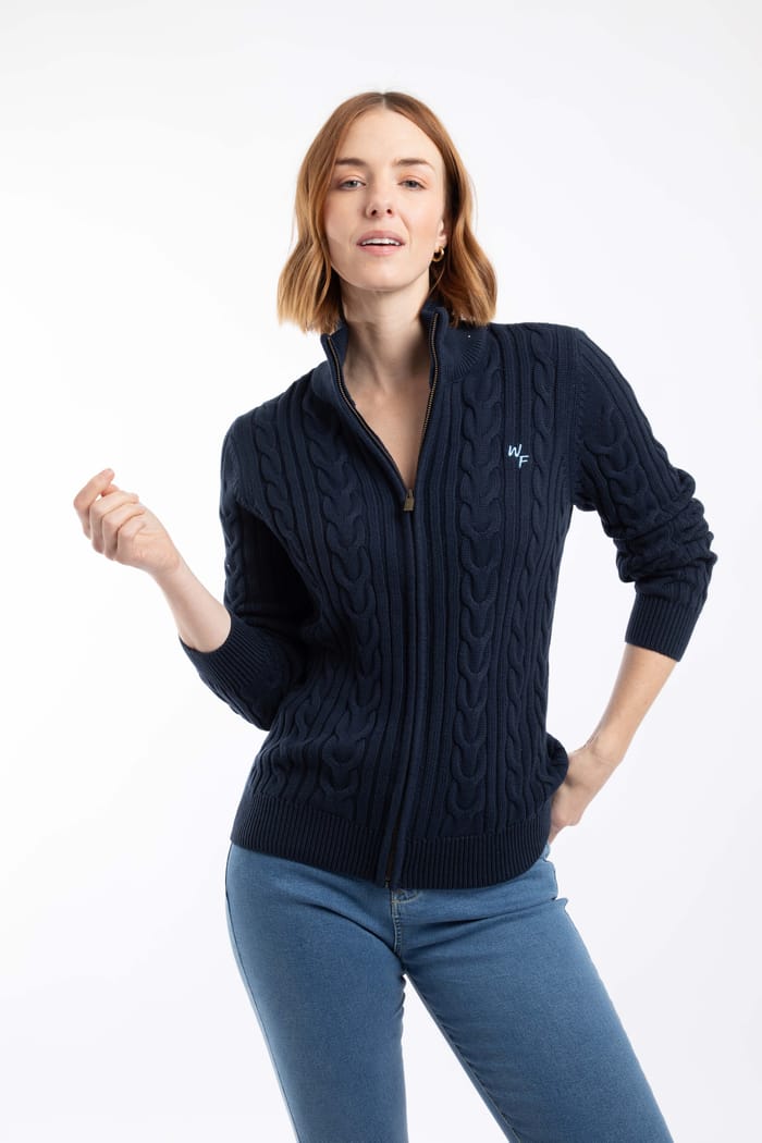 Lunenne Full Zip Cable Knit Navy | Weird Fish