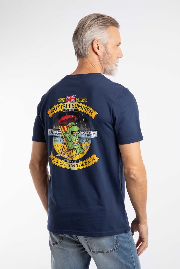 Cod and Chips Back Print Artist T-Shirt Dark Blue | Weird Fish