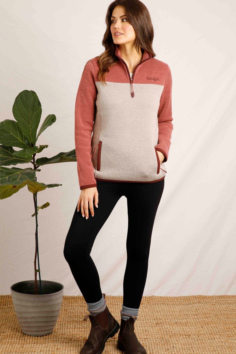 Krisona Recycled 1/4 Zip Colour Blocked Soft Knit  Rosewood