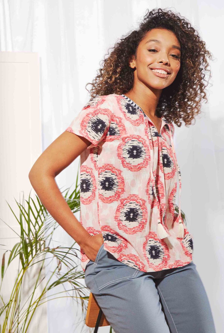 Sofia Organic Cotton Cheesecloth Blouse Pale Pink