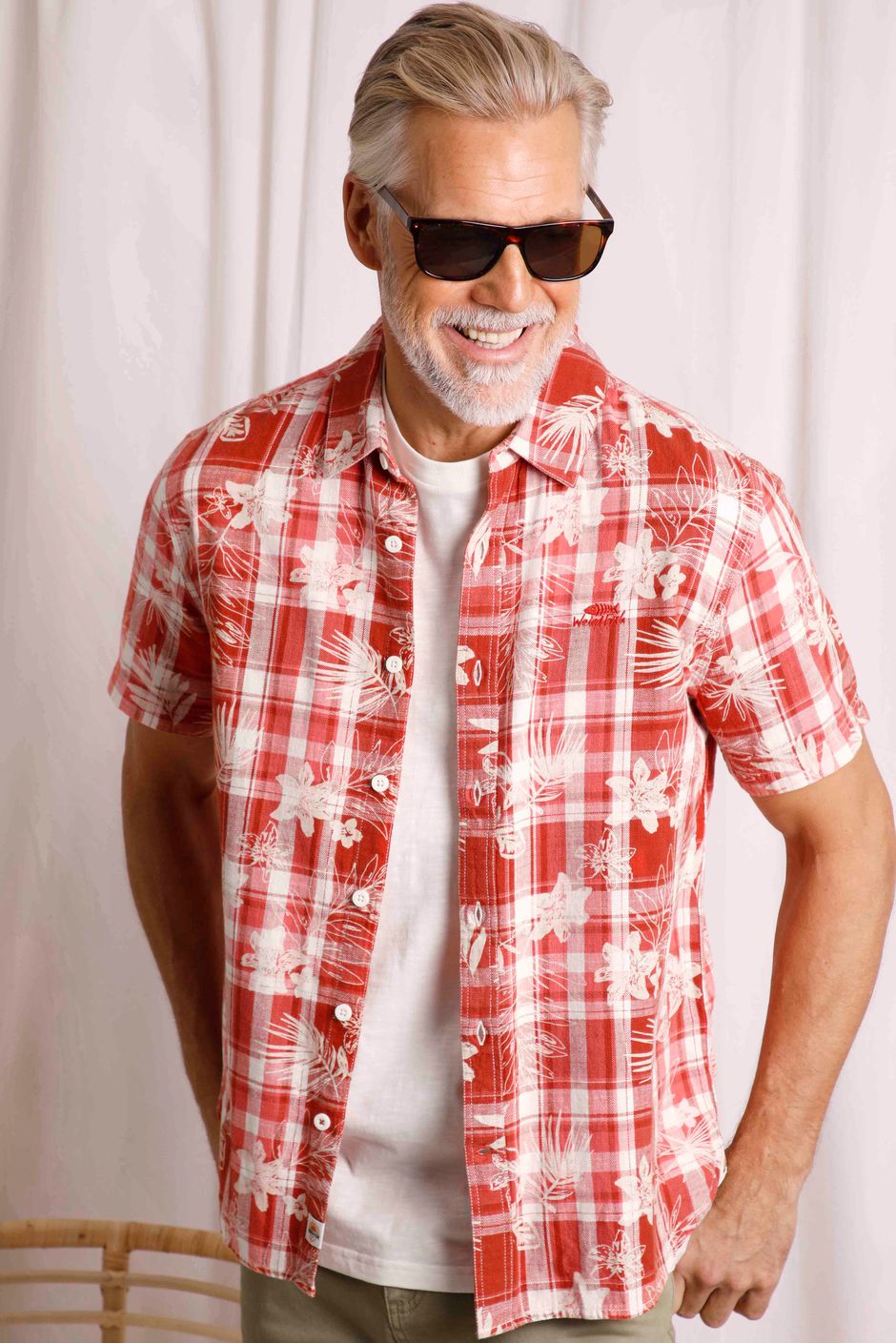 Nasser Vintage Wash Short Sleeve Check Shirt  Chilli Red