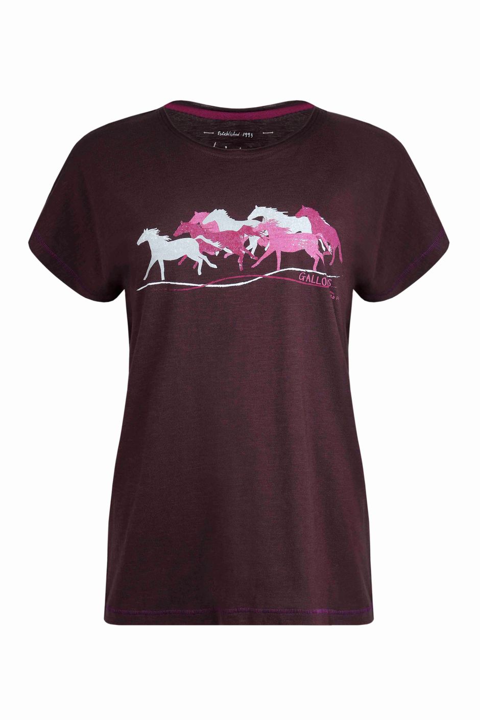 Gallopers Organic Cotton Horse Print T-Shirt Mulled Wine