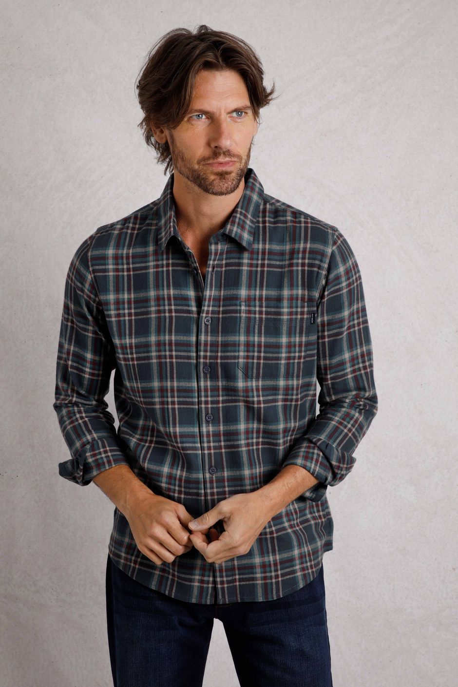 Broxton Organic Cotton Herringbone Check Shirt Dark Navy