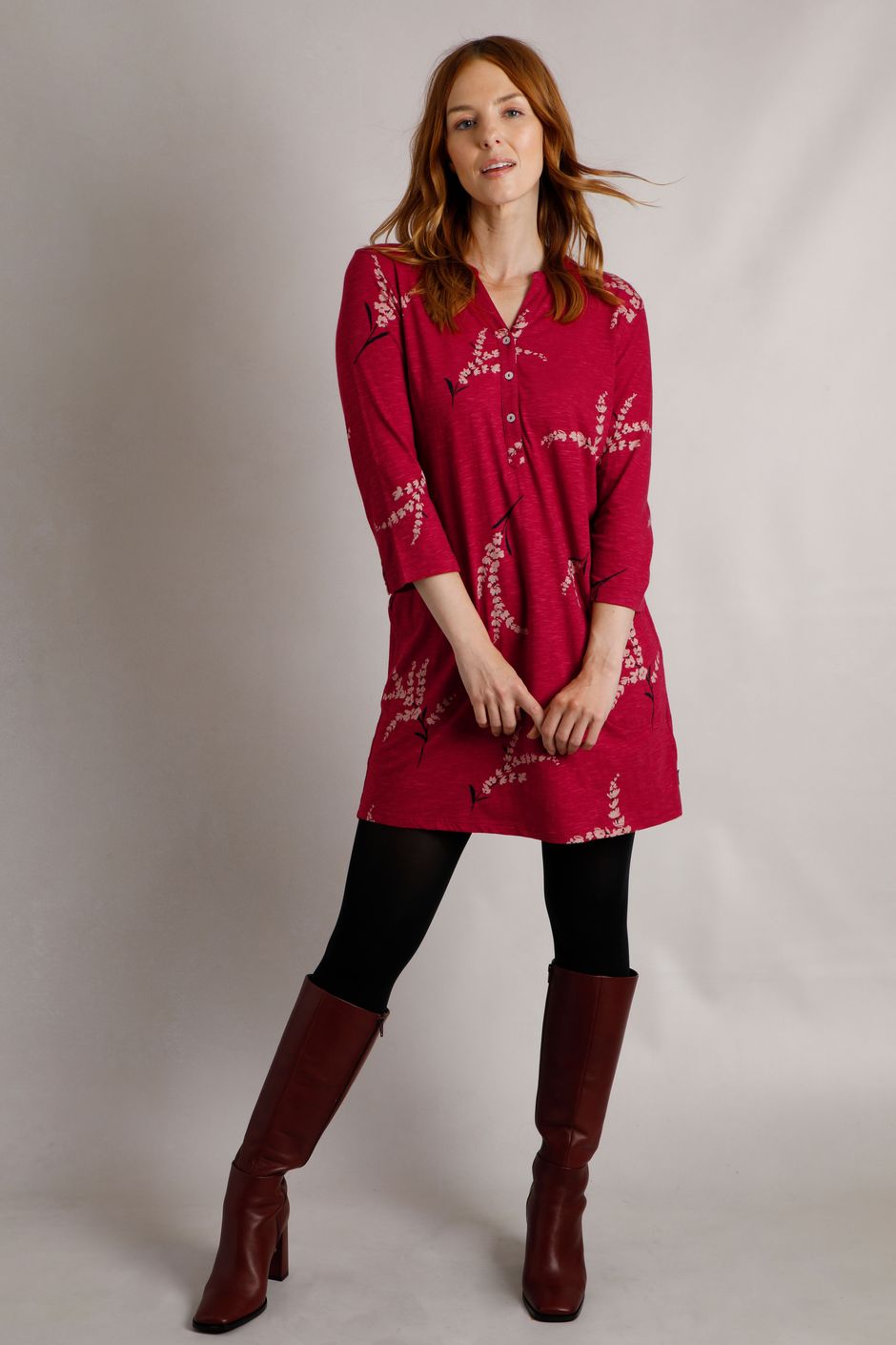 Ava Printed Slub Tunic  Red