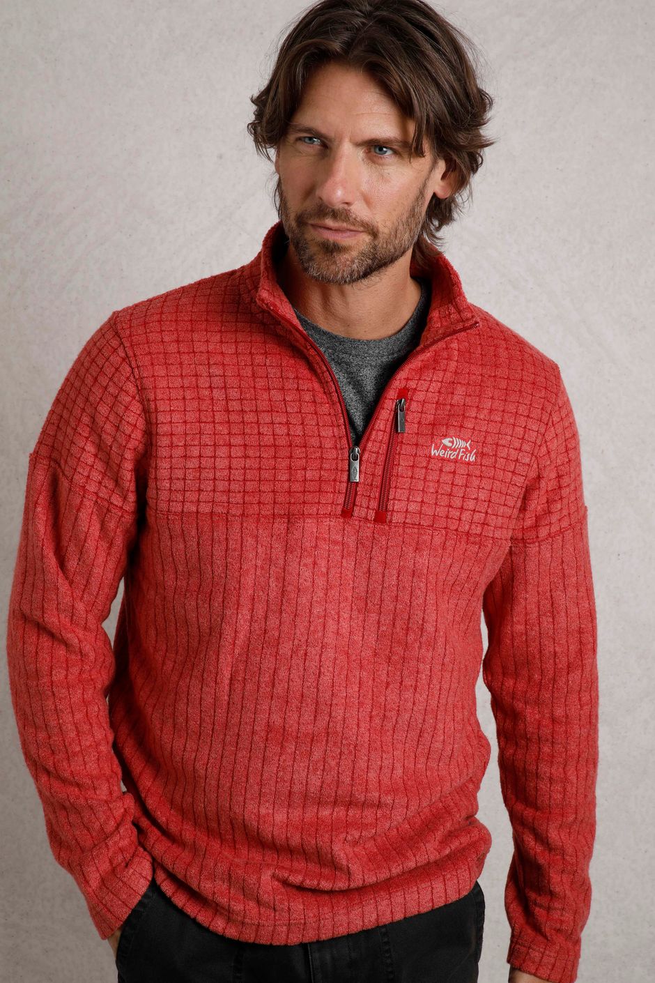 Longmont Eco 1/4 Zip Stripe Grid Fleece Barberry Red Marl