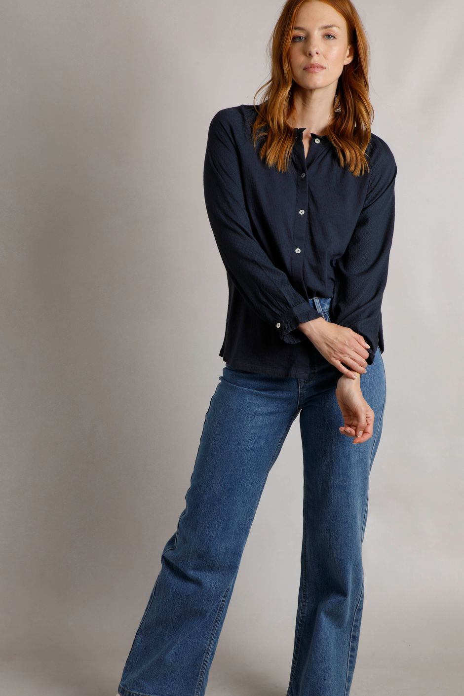 Donna Frilly Edge Cotton Dobby Shirt Navy