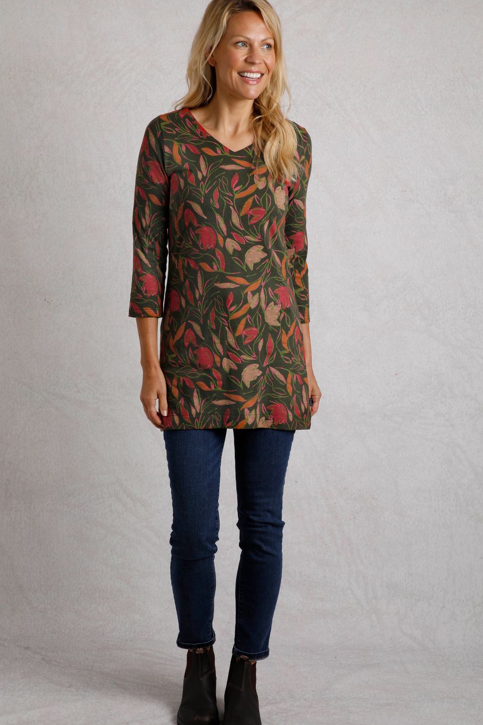 Kylie Organic Cotton Printed Jersey 3/4 Sleeve Tunic Dark Olive