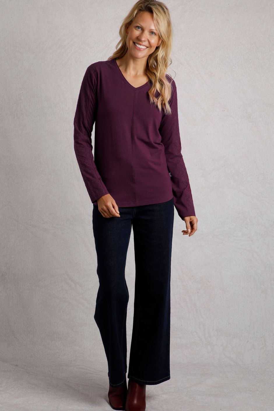 Topia Organic Cotton Broderie Sleeve Outfitter Top Mulled Wine