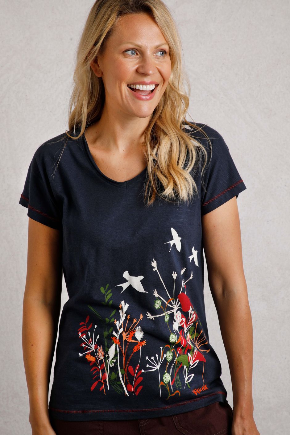 Swirling Swallows Organic Cotton Printed T-Shirt Navy