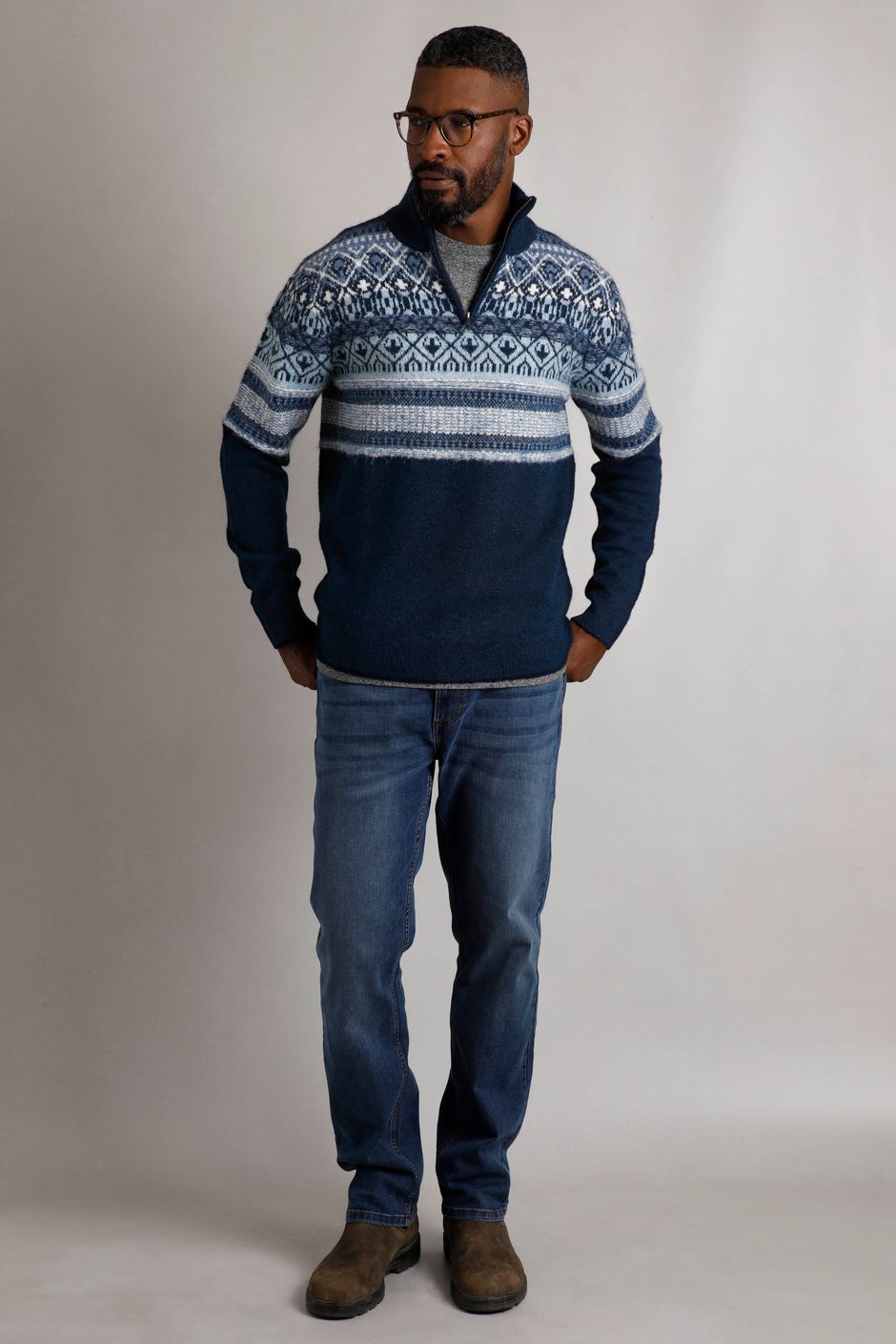 Yarmouth Eco 1/4 Zip Fair Isle Jumper Navy