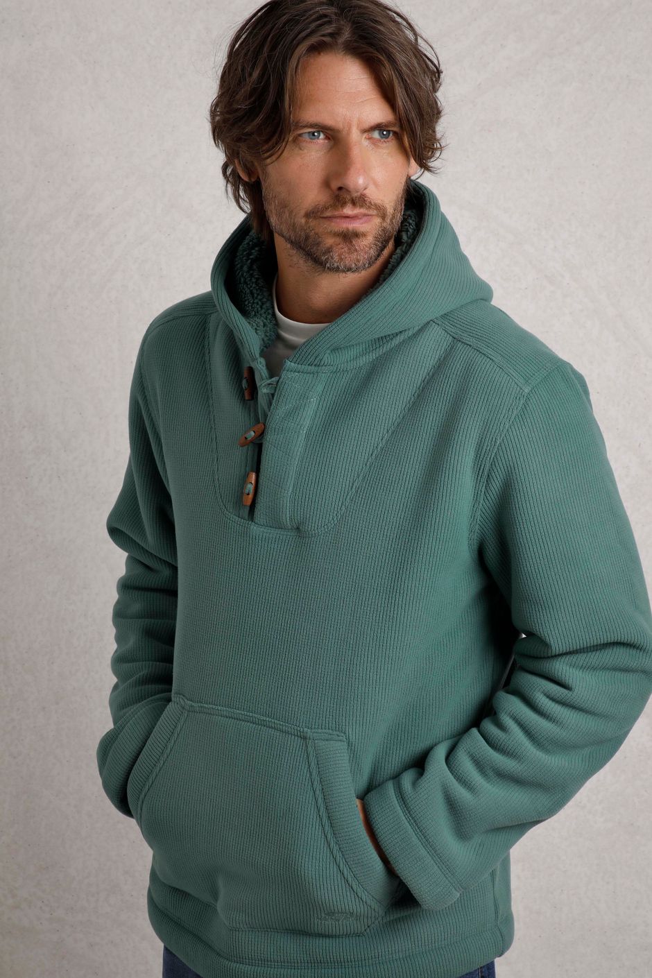 Inglewood Button Neck Grid Fleece Hoodie Ivy