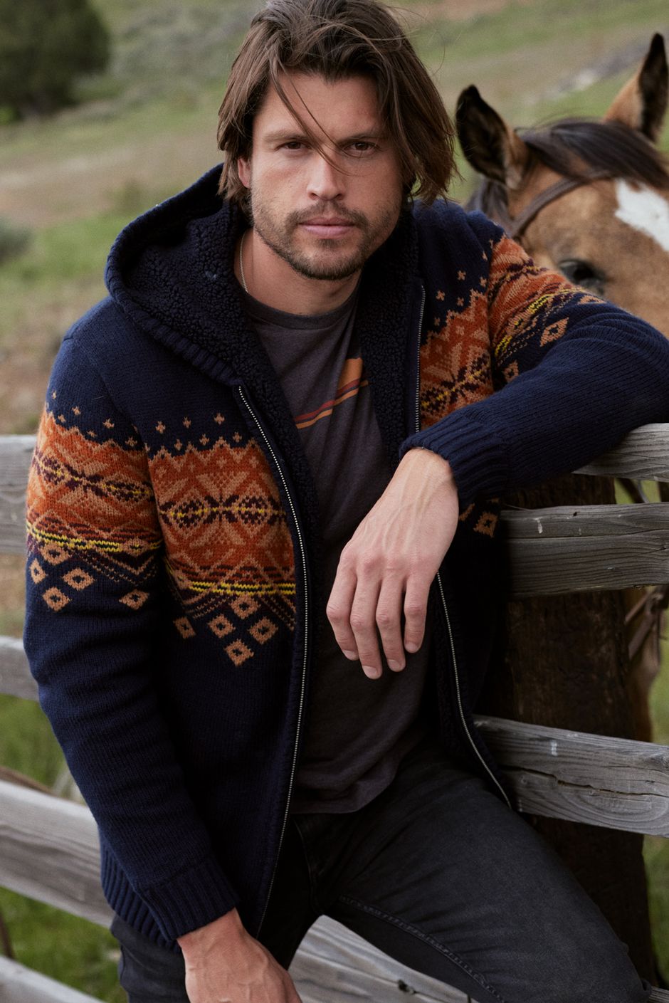 Bradwood Borg Lined Fair Isle Knit Full Zip Hoodie Midnight