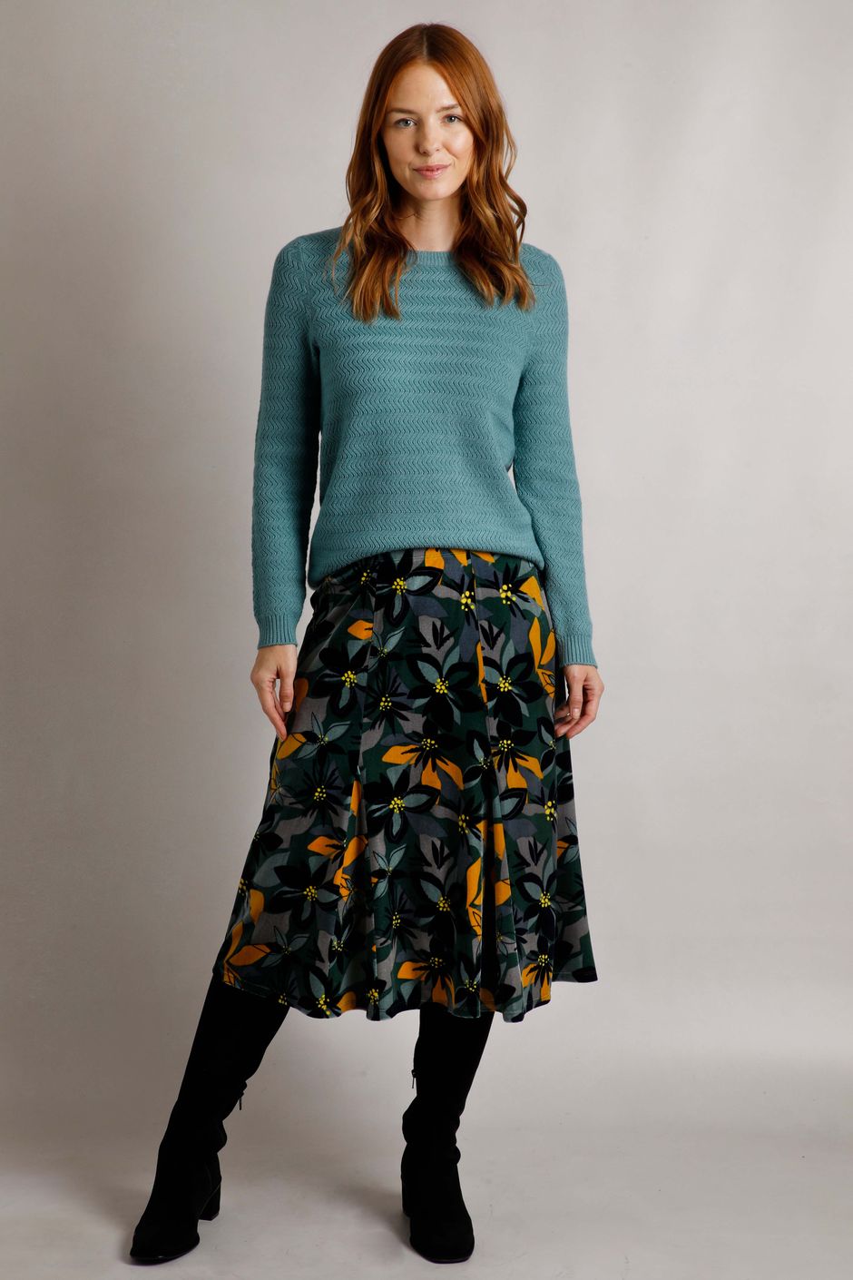 Kezia Eco Printed Velvet Godet Midi Skirt Ivy