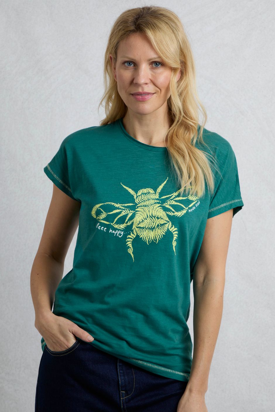 Fern Bee Organic Cotton Front Print Graphic T-Shirt Forest Green