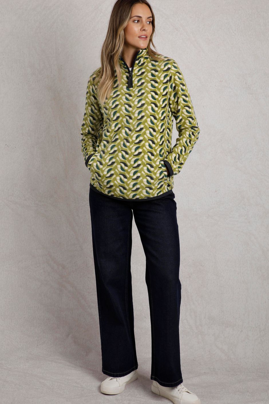Reena 1/4 Zip Printed Microfleece Warm Olive