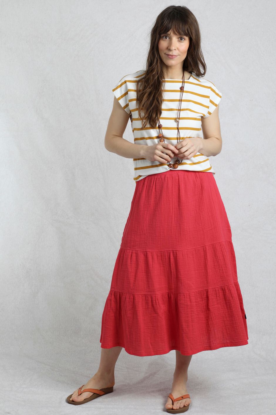 Lathika Organic Cotton Tiered Midi Skirt Crimson