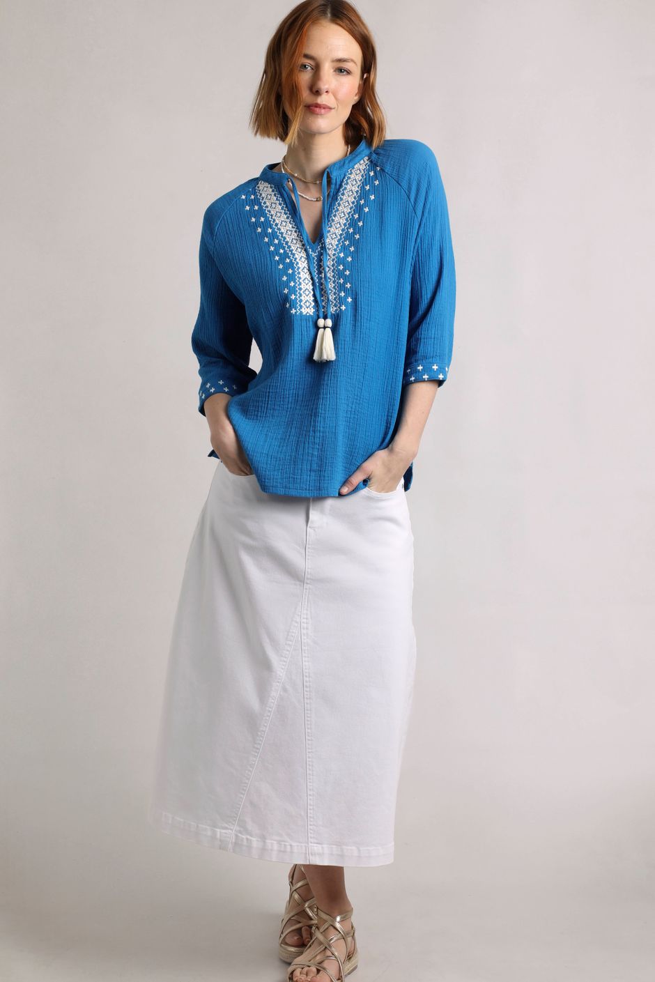 Adalia Organic Cotton Embroidered Double Cloth Blouse Azure