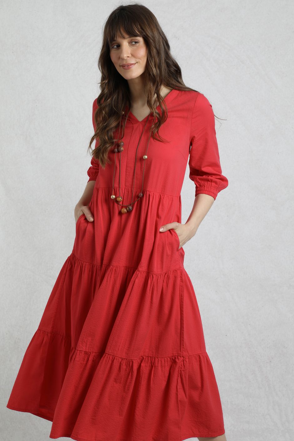 Margo Seersucker Tiered Midi Dress Crimson