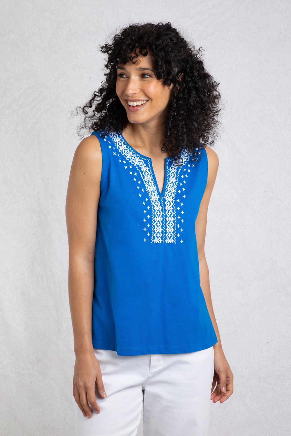 Tirtha Organic Cotton Embroidered Jersey Vest Adriatic Blue