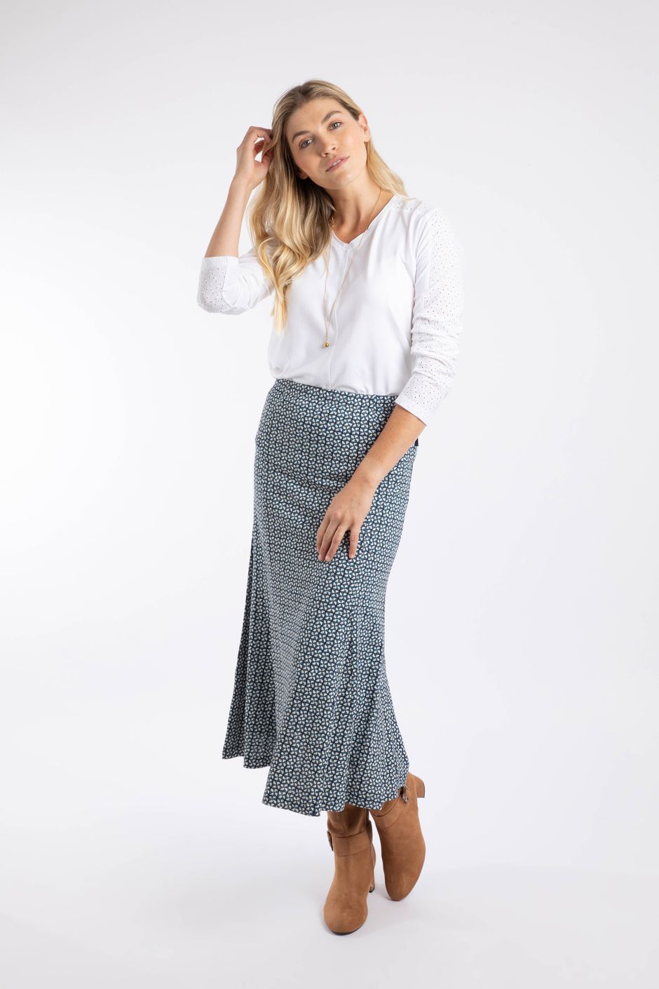 Ares Printed Jersey A-Line Maxi Skirt Navy