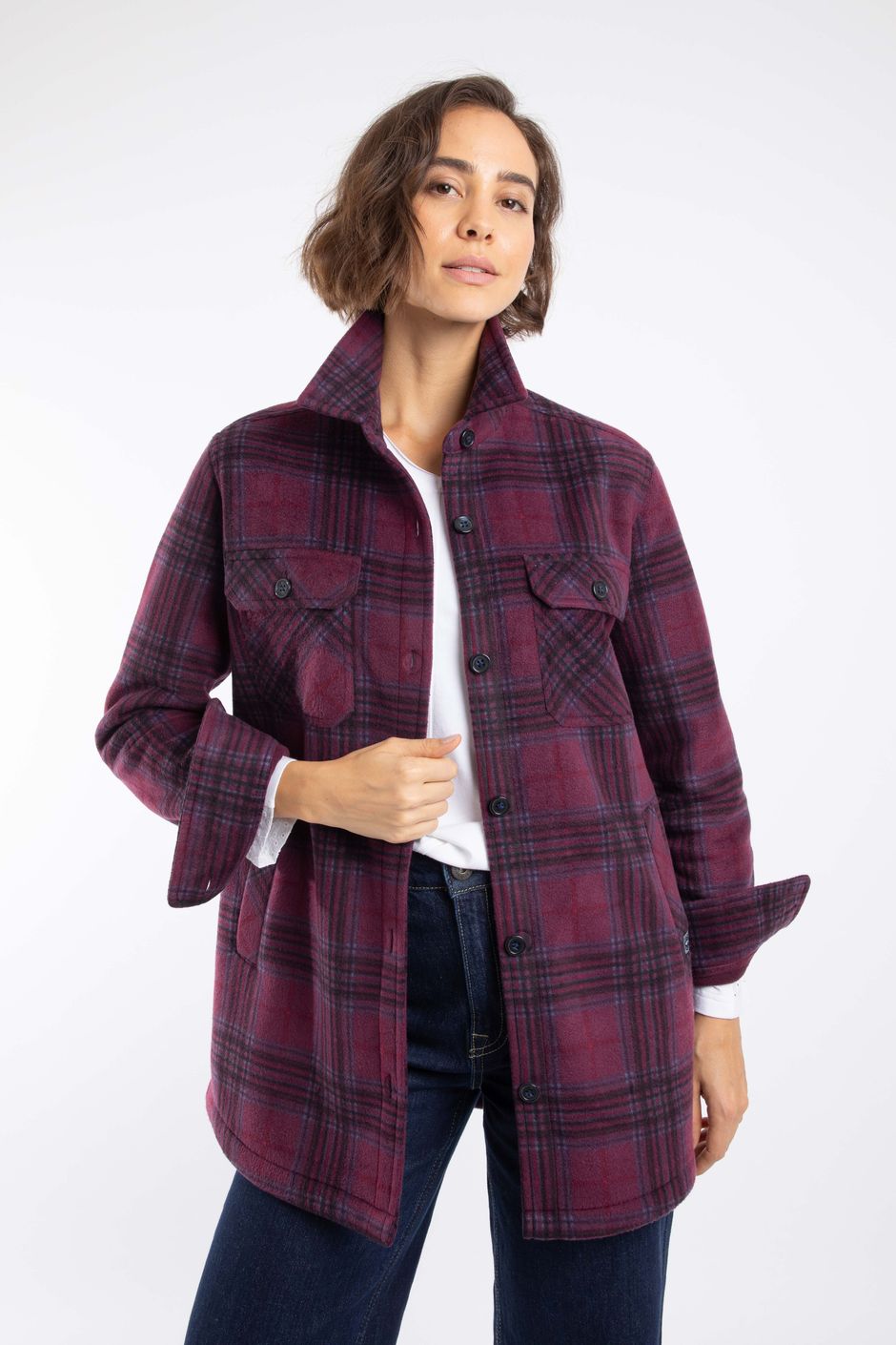 Autumn Check Fleece Shacket Aubergine
