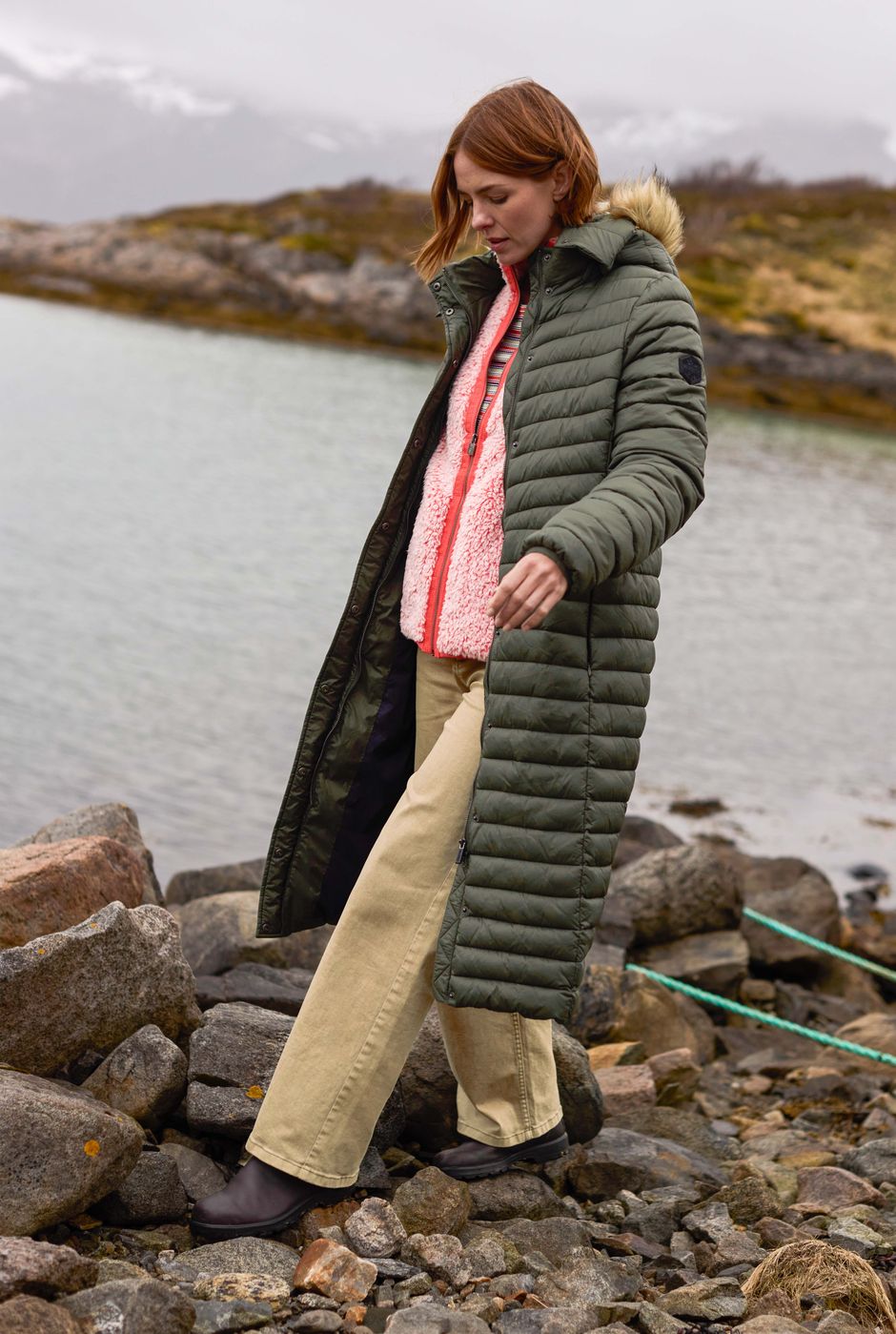Kempley Lightweight Padded Midline Faux Fur Hooded Jacket Deep Lichen Green