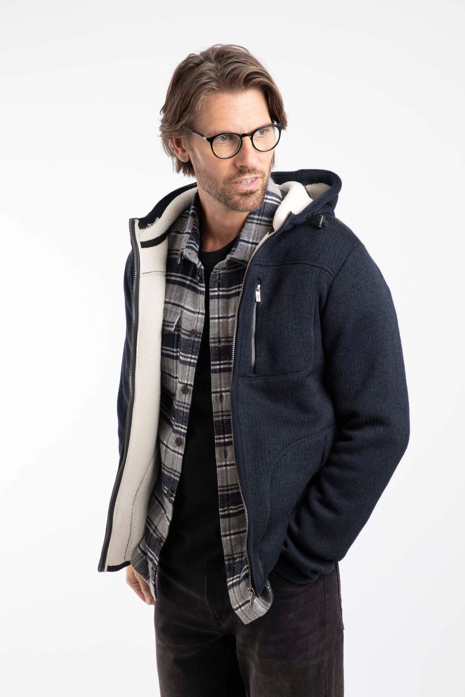 Torpoint Faux Sherling Bonded Full Zip Fleece Hoodie Midnight