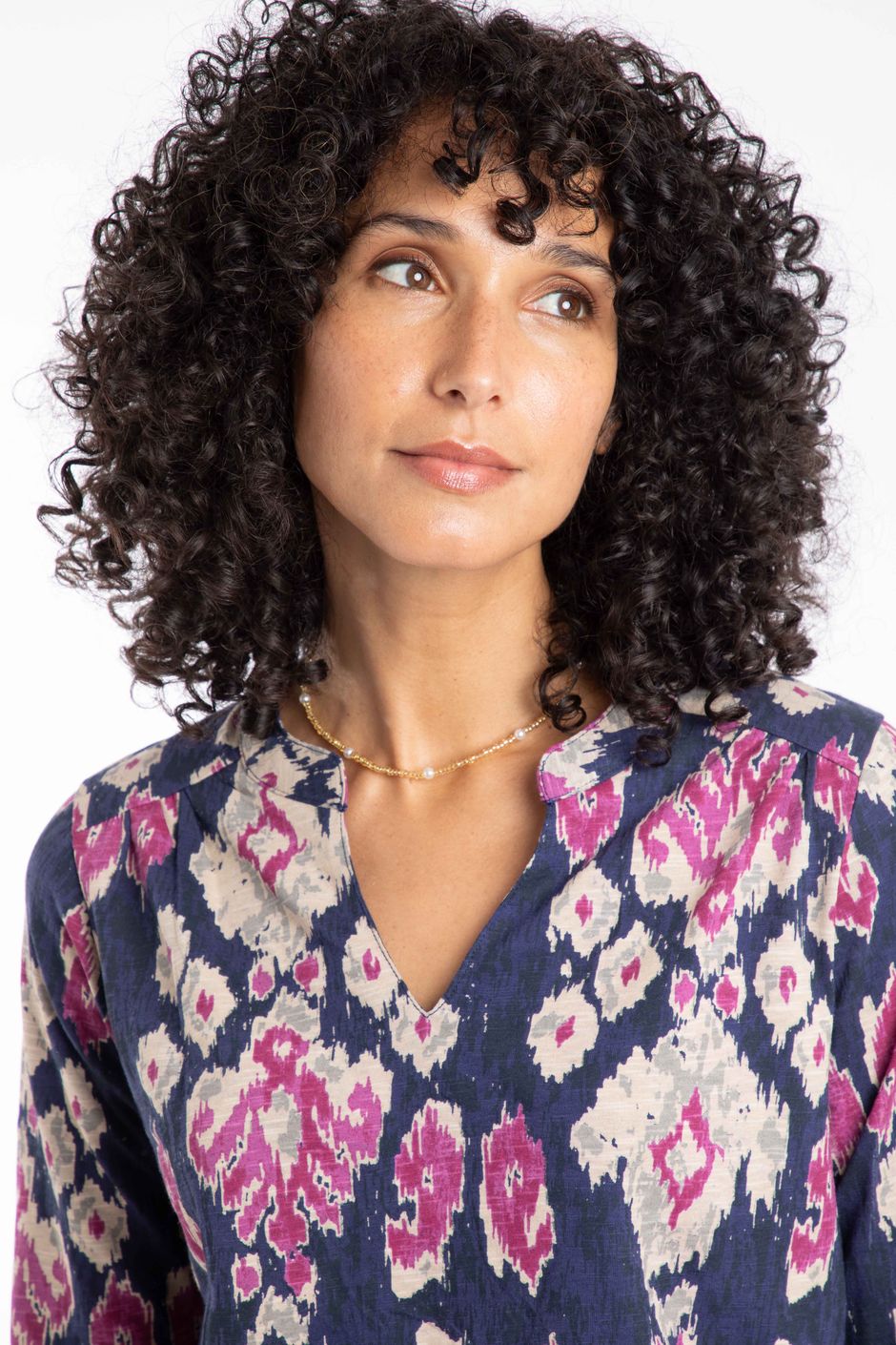 Brooke Organic Cotton Printed V Neck Jersey Top Petrol Blue