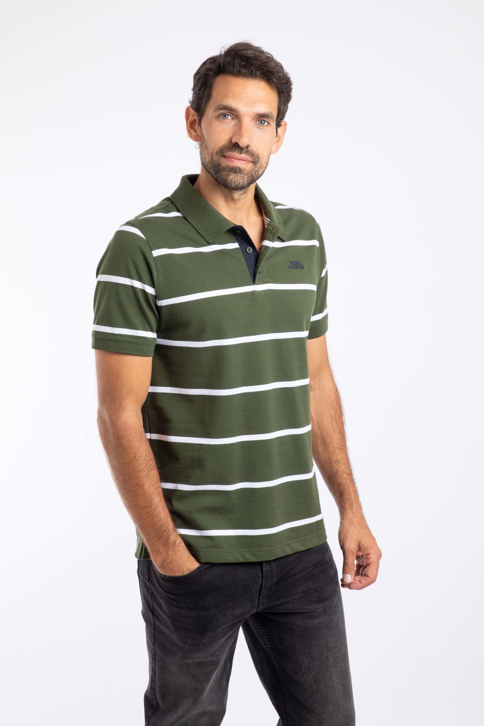 Fabian Organic Cotton Striped Pique Polo Deep Lichen Green