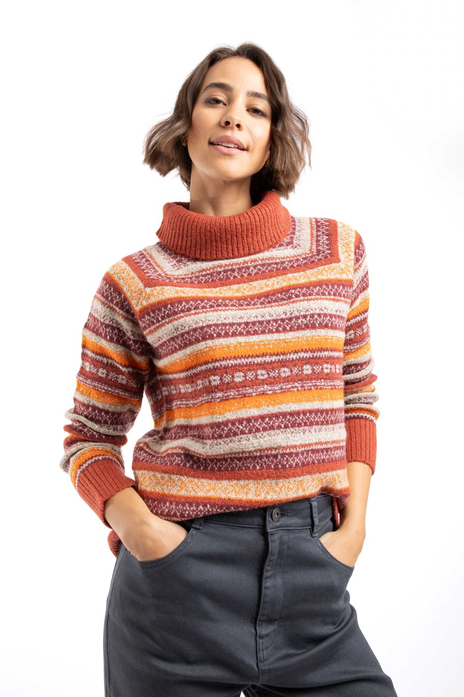 Annecy Fair Isle Roll Neck Jumper Rust Leaves