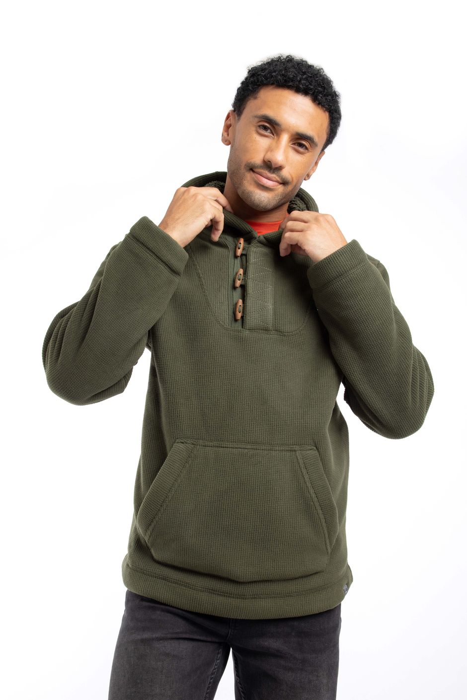Inglewood Button Neck Grid Fleece Hoodie Fir Green