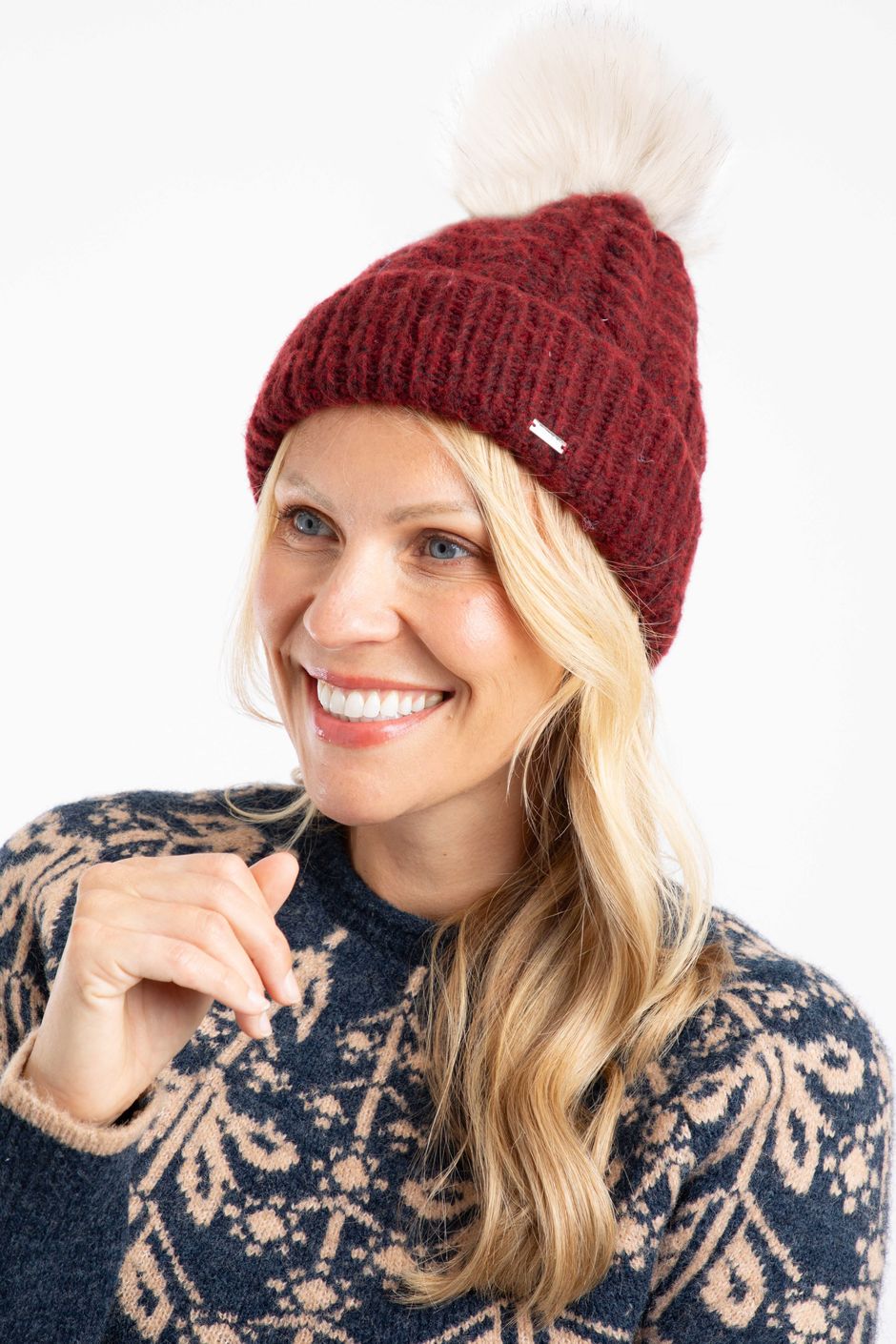 Allerton Cable Knit Bobble Hat Garnet