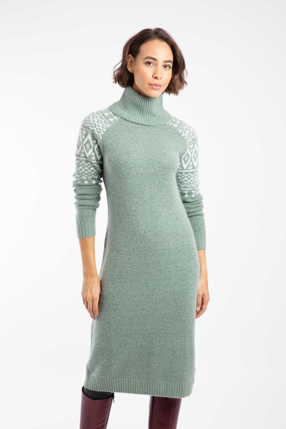 Ezzie Fair Isle Roll Neck Knitted Dress Frosty Spruce