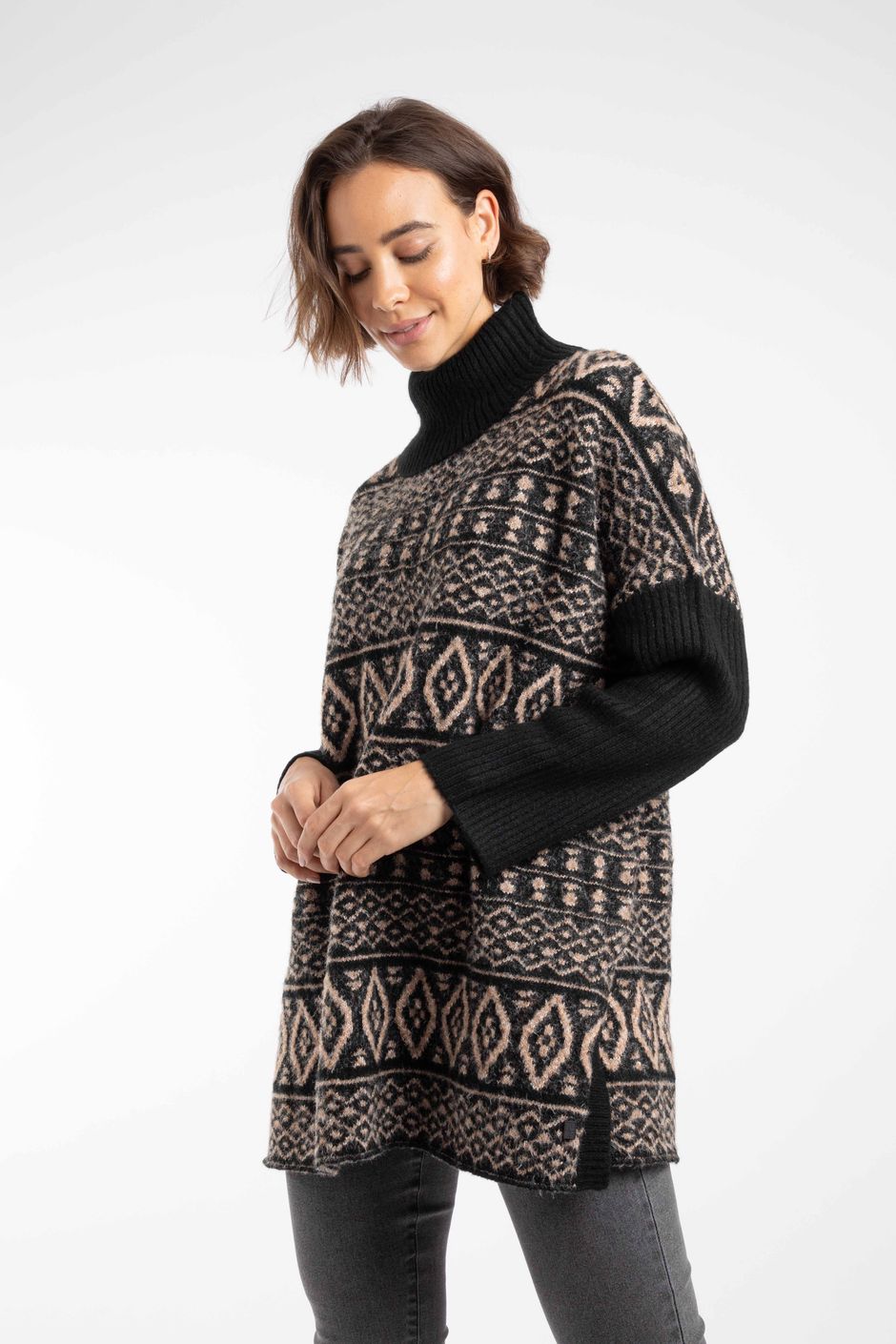 Fifi Knitted Roll Neck Tunic Jumper Black
