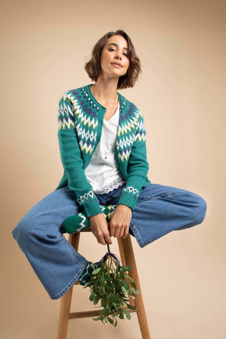 Hatty Fair Isle Cardigan Green Ivy