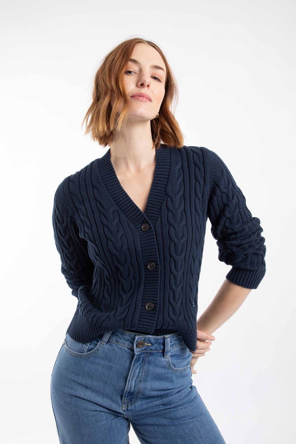 Constance Cable Knit Cardigan Navy