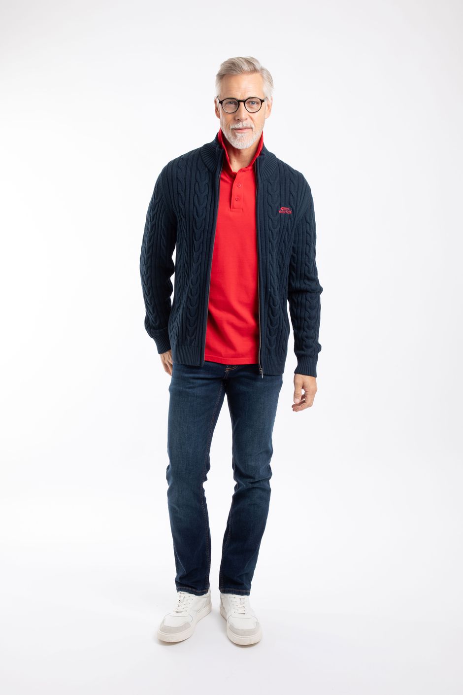 Bexley Full Zip Cable Knit Jumper Navy