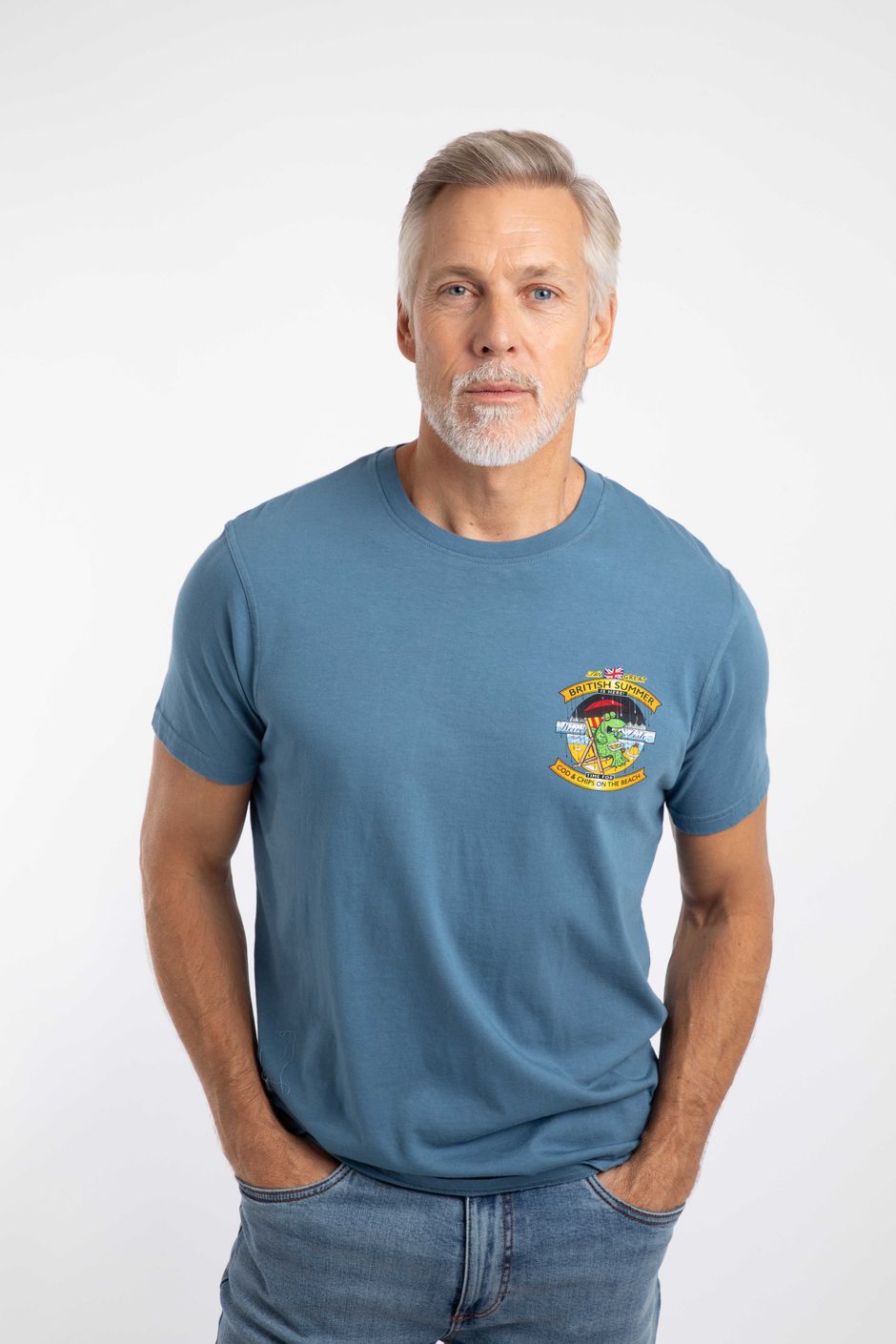 Cod and Chips Back Print Artist T-Shirt Washed Blue
